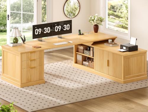 Image of SEDETA Fluted 70.9 inch L Shaped Desk with Drawers, Fluted Oak | Home Office Desk with Storage Cabinet and Storage Shelves,L Shaped Computer Desk with Power Outlet