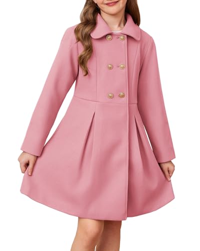 GRACE KARIN Girls Dress Coat Wool Peacoat with Lapel Pockets Winter Warm Long Jacket for Kids Pink Size 10
