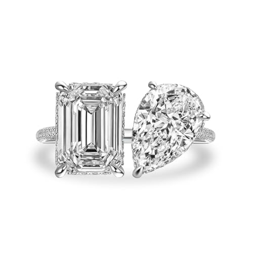 Toi et Moi 4.5CT Emerald & 3.5CT Pear Cut Two Stone Engagement Ring for Women, Sterling Silver 5A Cubic Zirconia Simulated Diamonds Ring with Open Bypass Design