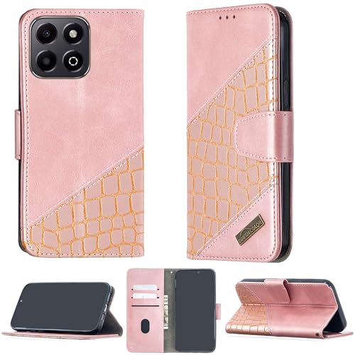 Custodia Comaptibile per Honor X6C Nic-Lx3 Nic-Lx2 Nic-Lx1 Case Cover Supporto Premium in PU con 9H HD Vetro Temperato BF04 Pink