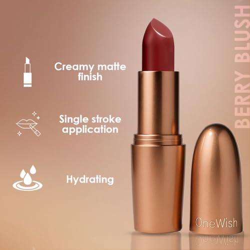 Image of One Wish Creamy Matte Lipstick - Berry Blush Shade 21 | Long Lasting | Full Coverage | High-Pigment | SPF | Enriched with Vitamin E, Almond Oil & Shea Butter | Smooth Finish | 3.8g