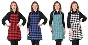 GLUN Waterproof Unisex Kitchen Apron Checkered with 2 Roomy Size Front Centre Pocket and Pack Of Pack of 4 Different Design