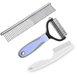 3Pcs Pet Grooming Combo Kit, Blue Deshedding Brush & Metal Comb & Tick Removal Comb for Dogs, Cats and Horses, Pet Flea Comb for Detangling and Dematting Long, Matted Fur on Goldendoodles Poodles