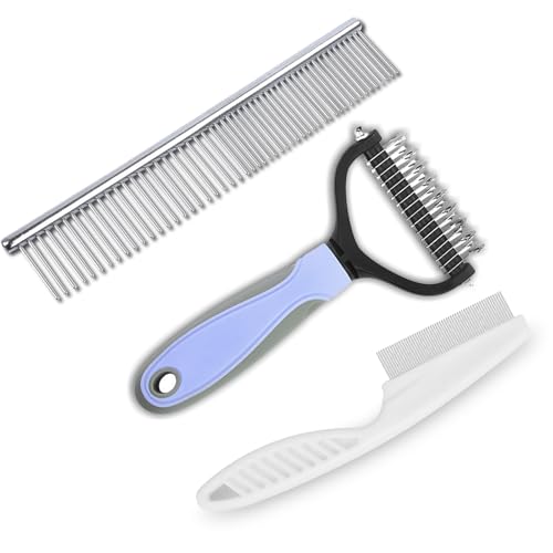3Pcs Pet Grooming Comb Kit, Blue Deshedding Brush & Metal Comb & ...