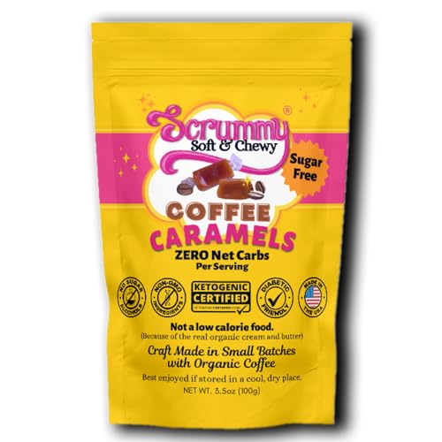 Scrummy Sweets Coffee Caramels - Sugar Free, Diabetic Friendly, Keto Certified, No Sugar Alcohols, Zero Net Carbs. Made with Organic Butter & Cream, Organic Fair Trade Coffee - 3.5oz Bag