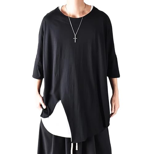 5分袖 Tシャツ カットソー 五分袖 黒 面白い 半袖 春 夏 ゆったり アシンメトリー トップス 服 ロング丈 ロング丈トップス ビッグシルエット オーバーサイズ 無地 ドロップショルダー 大きいサイズ