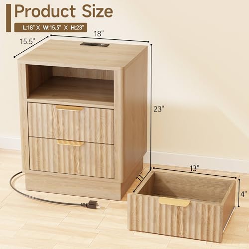 Image of Nightstand with Charging Station, Fluted Bedside Table with 2 Storage Drawer and Open Wood Shelf, Night Stand with Solid Wood Base for Bedroom, Side Table, End Table, Oak