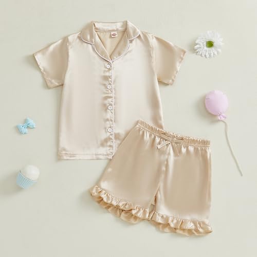 Kuriozud Toddler Baby Girl Summer Satin Pajamas Kids Summer Pjs Set Short Sleeve Button Down Nightwear Sleepwear 0-6T2