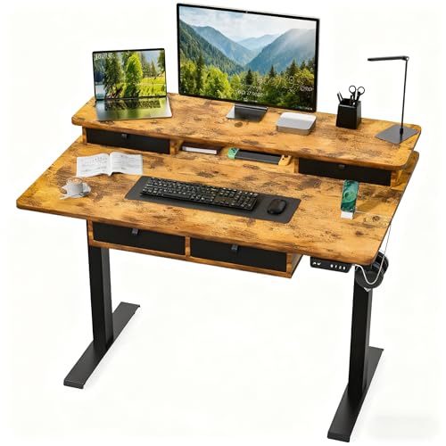 AdGiGi Standing Desk with Fast Charging USB Ports, 48' x 30' Width Worktop Desk, 4 Drawers Ergonomic Sit Stand Desk for Home Office Work, Cable Management, 3 Preset Heights & 2 Hooks(Rustic Brown)