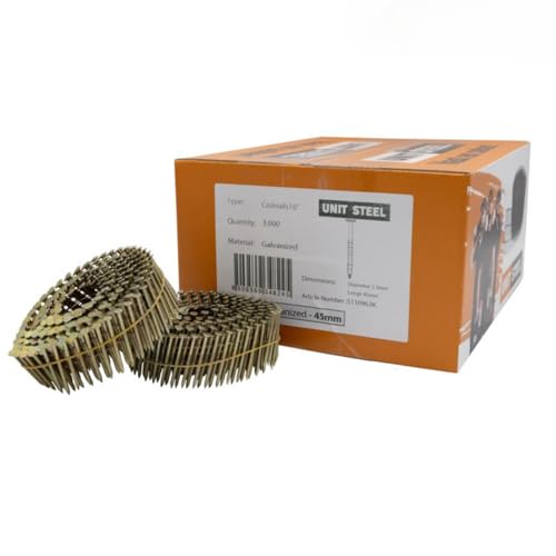 UnitSteel 15° Coilnägel - 2,3x45mm, 3.000 stück, Kleine Verpackung, Ringnägel für Druckluft-Nagler, Beringt/verzinkt, für fast alle Marken von Tackern