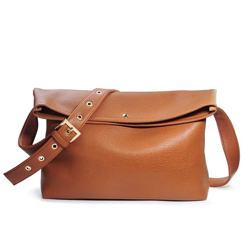 HOXIS Messenger Bag for Women Crossbody Purse Vegan Leather Foldover Shoulder Handbag