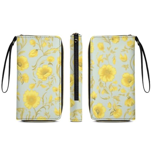 Women Wallets Yellow Flower Leather Wallet for Women Thin Wallet with Zipper Pocket Card Holder3