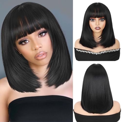 quickwig Short Bob Wig with Bangs Straight Layered Bob Wig