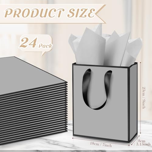 Image of Yeaqee 24 Pack Metallic Paper Gift Bag with Tissue, Gray, Black | with Satin Ribbon Handle and Tissue, 9x7x3.1 Inch, Suit Business, Birthday, Christmas, Thank You Return Gifts Bags