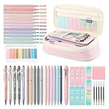 56 PCS Aesthetic School Supplies with Large Pencil Case, 5 Inspirational Ballpoint Pens, 12 Pastel Highlighters, 5 Black Ink Gel Pens, 6 Mechanical Pencils 0.5-0.7mm College Student Essentials (Pink)