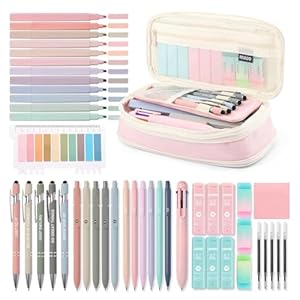 56 PCS Aesthetic School Supplies with Large Pencil Case, 5 Inspirational Ballpoint Pens, 12 Pastel Highlighters, 5 Black Ink Gel Pens, 6 Mechanical Pencils 0.5-0.7mm College Student Essentials (Pink)