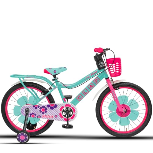 Image of Petal 20T Kids Bicycle with Training Wheels | Backrest, Basket & Full Chain Cover | Ideal for Girls Aged 7-9 Years (Sea Green-Pink, 20T)