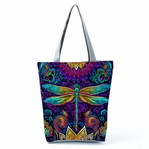 Bolso tote con estampado de libélula y flores, con cremallera superior, para uso diario, viajes y actividades al aire libre, ideal como regalo para mujeres y amantes de las libélulas miniatura 1