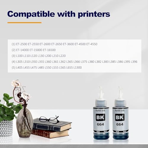 Image of ASV T664 Refill Ink Bottle Compatible for Printers L1300, L310, L361, L380, L405, L565, L365, L485, L220, L360, L130 (Black - 2 pcs)(70ml Each)