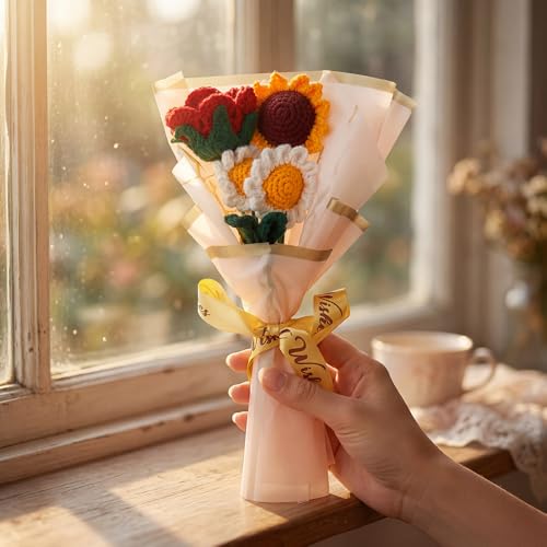 Image of HindCraft Handmade Crochet Flower Bouquet | Crochet Rose Sunflower Daisy Bouquet | Artificial Forever Flowers for Birthday, Anniversary, Valentine Gift, Room Decor