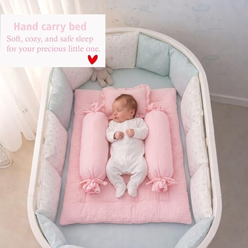 Image of Fareto Combo of Baby Bed with Net | Carry Bag | 4 Pcs Bedding Set (0-6 Months, Baby Size, Cotton) (M Pink)