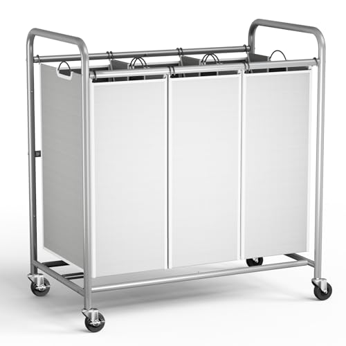 ROMOON Laundry Sorter Hamper 3 Section, Divided Laundry Basket Organizer with Heavy Duty Lockable Wheels and Removable Bags, Rolling Clothes Hamper for Apartment, Dorm & Family (130L Neutral Gray)
