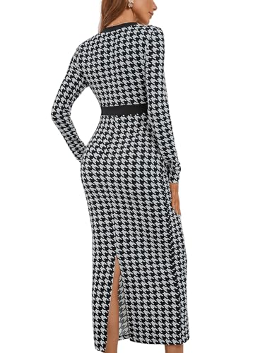 WDIRARA Women's Houndstooth Plaid V Neck Split Hem Belted Button Long Sleeve Bodycon Church Pencil Maxi Dress2