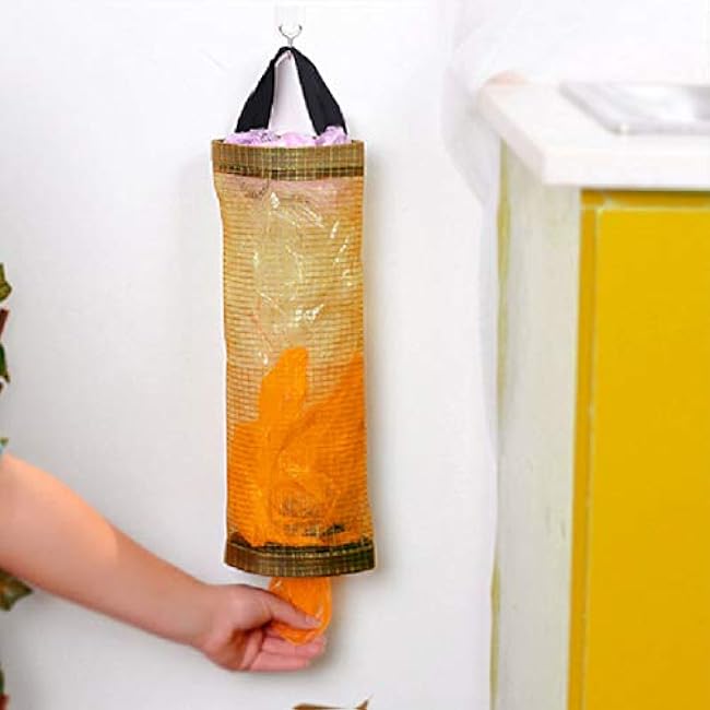 Plastic Bag Holder, Hanging Folding Mesh Garbage Bag Organizer, Wall Mount Mesh Hanging Storage Bag Dispenser Recycling Grocery Bags Holder for Home and Kitchen