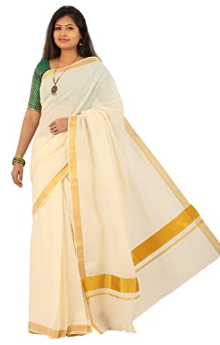 Image of Women's Kerala Traditional Cotton Kasavu Saree with Running Blouse | Sari for Weddings, Festivals, Temple Visits, Onam Vishu & Regular Wear