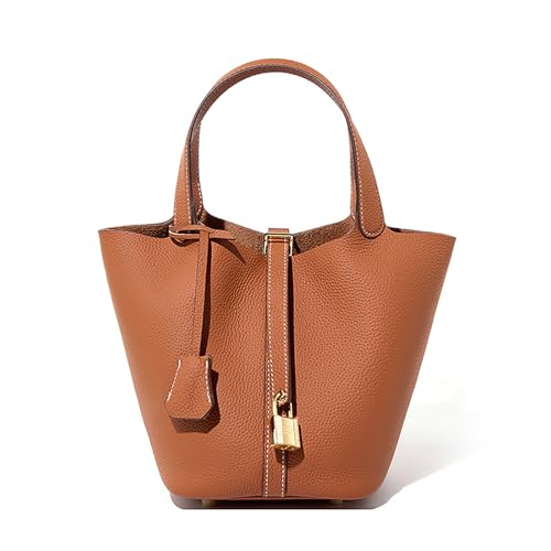 Genuine Leather Bucket Bag for Women, Lock Design Vegetable Basket bucket purses for women, Wome’s Shoulder Bag