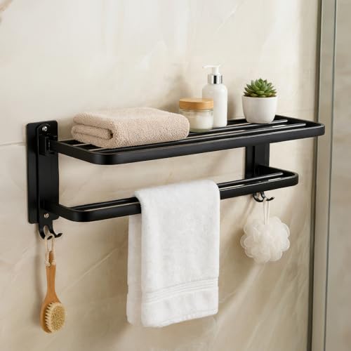 Image of MIORAH 24 Inch Powder - Coated Aluminium Towel Rack with Hooks - Rust - Free, Space - Saving Bathroom Towel Holder, Easy Installation Black