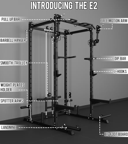 Eonfit E2 Power Cage - Multi-Functional Power Rack for Home Gym. 1500lb Squat Rack for Home Gym. Pulley System for Cable Crossover & LAT Pulldown (Black, PRO)