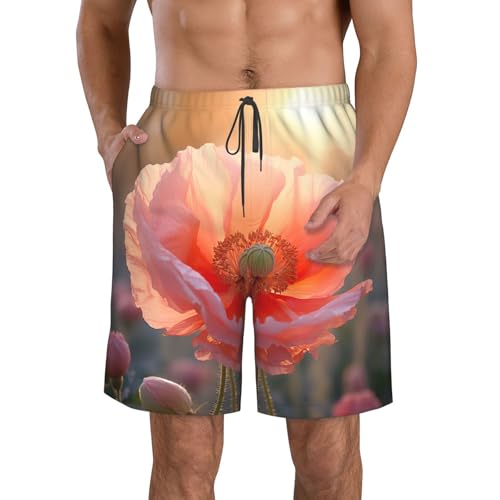 Pastel Poppies Print Mens Casual Shorts Drawstring Summer Beach Stretch Shorts Novelty Swimtrunks