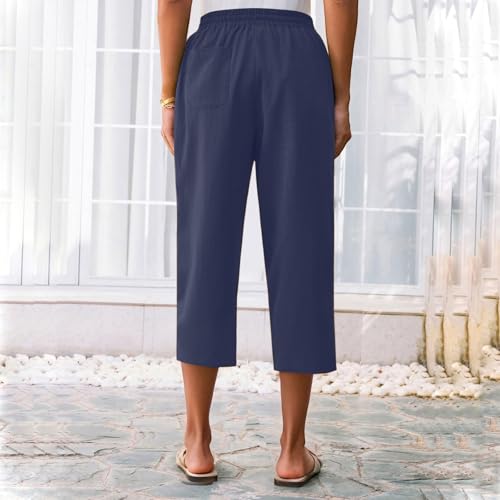 Linen Capri Pants for Women Casual Summer Elastic Waist Straight Leg Crop Pants Drawstring Beach Trousers with Pockets2