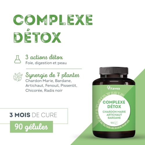 Complexe Détox - Detox Foie, Peau Saine, Santé Digestive - Chardon Marie, Artichaut, Bardane, Pissenlit, Radis Noir - 7 Actifs Naturels - 90 gélules, 3 mois - Vegan - Fabriqué en France - Vitavea – Image 3