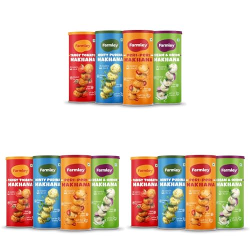 Image of Farmley Roasted & Flavored Makhana Pack of 12 (77g Each) | Minty Pudina, Peri Peri, Tangy Tomato & Cream & Onion | Healthy Namkeen Snack | Gluten Free | Rich in Protein & Fiber | Roasted in Olive Oil