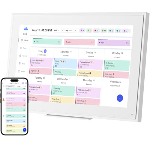 15.6-inch ApoloSign Digital Calendar with touchscreen display, featuring colorful calendar layout and smartphone synchronization for family scheduling and task management.