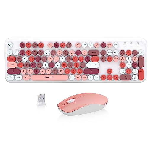 Image of Pink Wireless Keyboard and Mouse Combo, Aesthetic Retro Typewriter Style Round Key Keyboard, 2.4Ghz Wireless Cute Colorful Full Size Keyboard with Number Pad for Long Nails PC Laptop Desktop