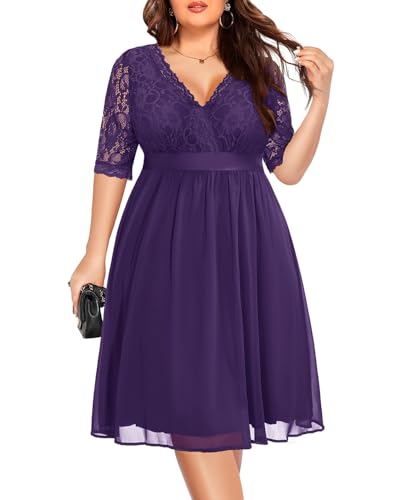 Image of Pinup Fashion Plus Size Lace Chiffon Wrap V Neck Dresses Women Cocktail Wedding Guest Midi Dress