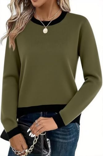 Image of Womens Striped Lightweight Cotton Sweaters Long Sleeve Crew Neck Color Block Casual Knitted Pullover Tops