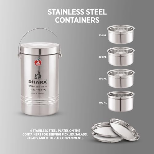 Image of Dhara Stainless Steel Insulated Tiffin Carrier 4 Container Lunch Box 1300ml, Leak Proof Steel Compartment Tiffin with Handle for Office & Travel