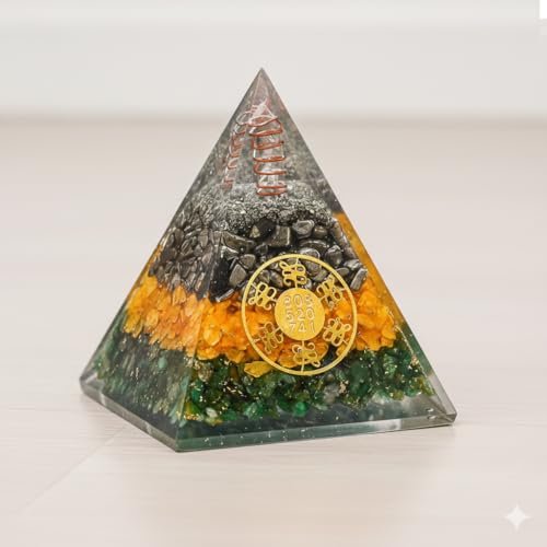Image of Money Magnet Pyrite Pyramid for Home & Office | Pyrite Citrine Green Aventurine Vastu Pyramid with Zibu Symbol | Wealth Attraction Financial Growth Business Success & Positive Energy Decor