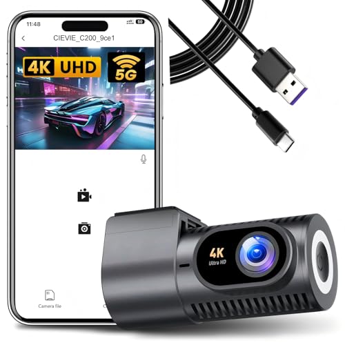 Cievie Dash Cam Bundle, 4K Front Car Camera with 10ft USB Power Cable, 5G WiFi, 170° Wide Angle, WDR Night Vision, 24H Parking Mode, 64GB Card Included