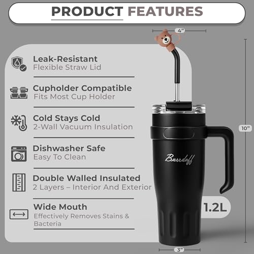 Image of Insulated Tumbler with Straw Lid and Handle (1200 ML) Double Wall Sipper Water Bottle for Adults, Tumbler Bottle with Straw (Black, 1200 ML, with Bear Straw Coverr)