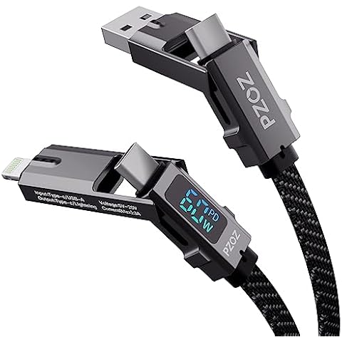 pzoz 4-in-1 USB C Fast Charging Cable with LED Display, Multi USBC Charger Combo Lightning/Type C/USB A Metal Ports for iPhone 16/15/14 Pro Max iPad MacBook AirPods Pro Samsung Google (60W, 5 ft) Cover