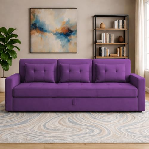 Image of Casaliving Treshta Seater Pull-Out Premium Fabric Sofa Cum Bed Sofa Set for Living Room Premium Fabric Sofa Set for Living Room Sofa Cum Bed (Purple, 3 Seater)
