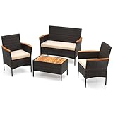 GIANTEX Salon de Jardin 4 Pièces en Bois d'Acacia et Rotin Résine Tressée, Ensemble Mobilier Extérieur avec Canapé, 2 Fauteuils et Table Basse, Coussins Déhoussables pour Patio Terrasse Balcon