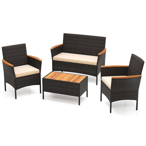 GIANTEX Salon de Jardin 4 Pièces en Bois d'Acacia et Rotin Résine Tressée, Ensemble Mobilier Extérieur avec Canapé, 2 Fauteuils et Table Basse, Coussins...