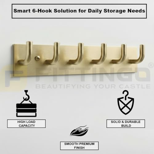 Image of Stainless Steel 6 Hook Cloth Hanger for Door /Dress Hanger Wall Mount /Bathroom Hooks for Hanging Clothes (Antique) Pack of 2-| 3 Years Warranty |