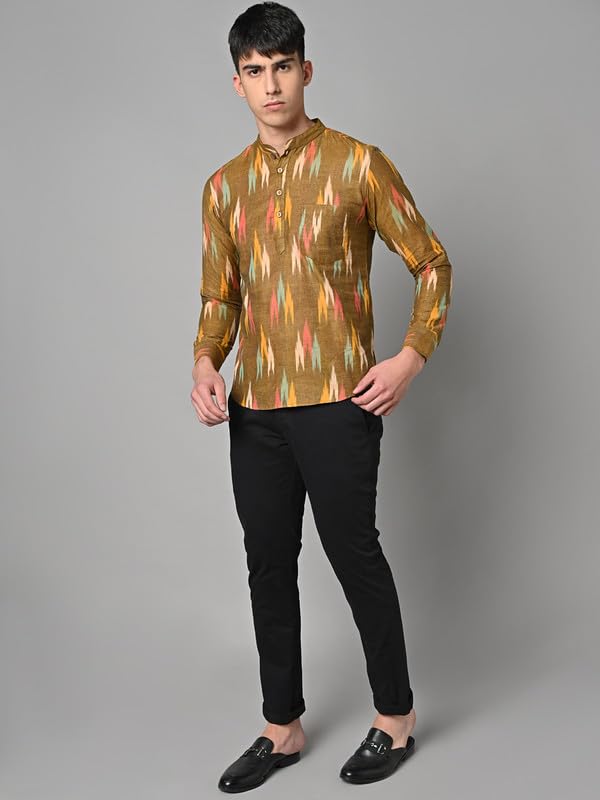 Image of Vastraa Fusion Men's Handloom Weaving Pure Cotton Short Kurta, Round Collar, Full Sleeves,Button Kurta, Ethnic Wear
